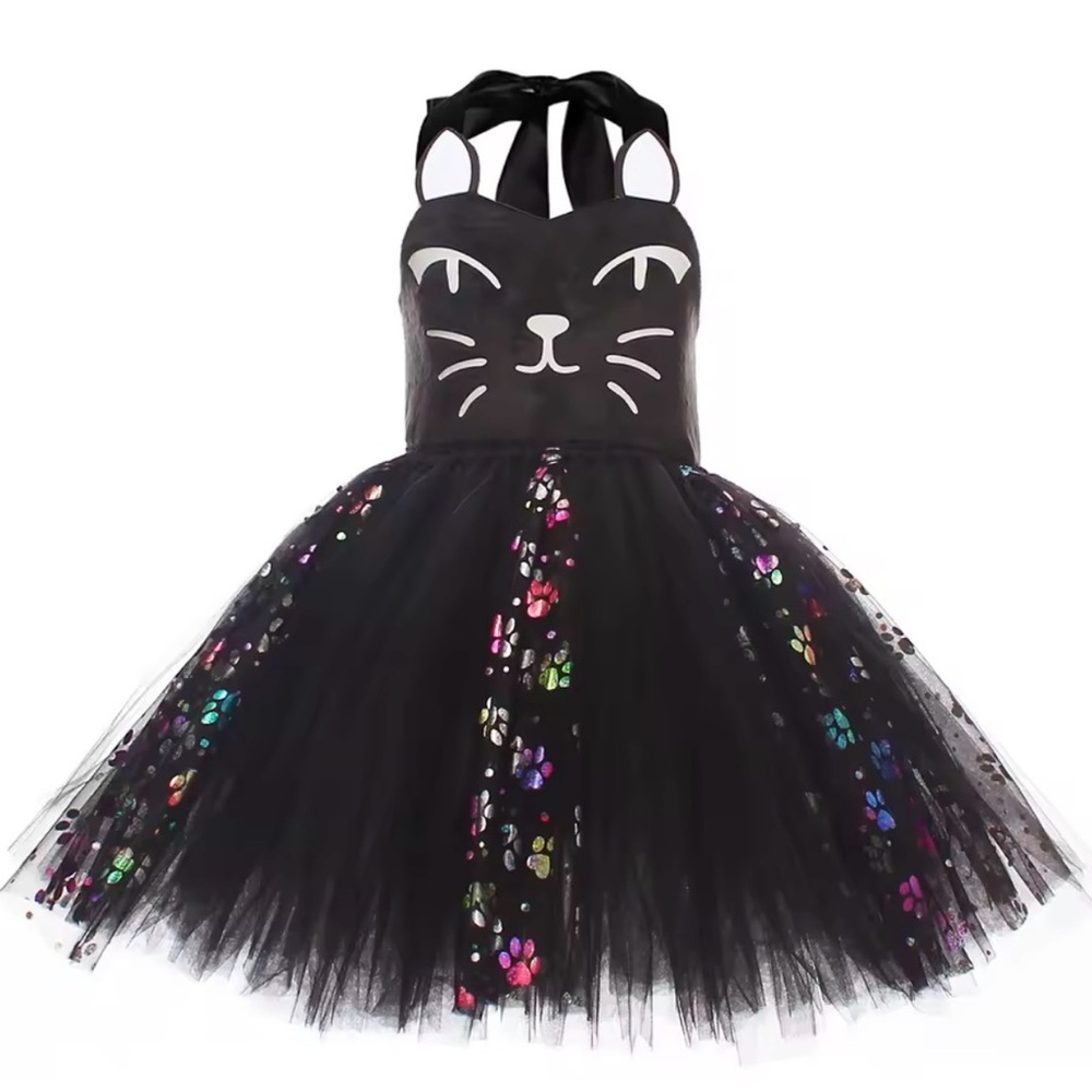 Black Cat Tutu Dress with Colorful Paw Prints size 4-5 years